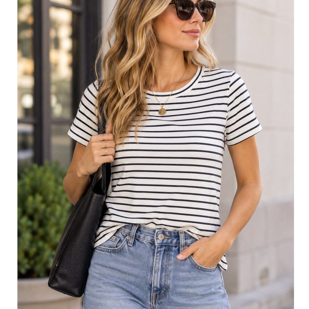 Lafayette 148 New York Striped Short Sleeve Tee Black White Size S Minimalist